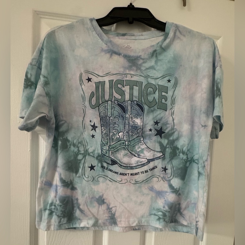 Justice Kids Tie-Dye T-Shirt - Blue and White with Boot Graphic